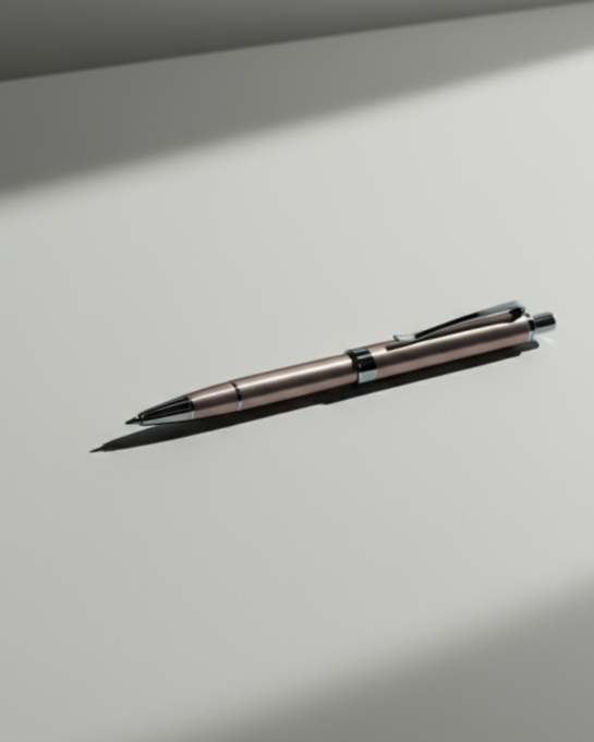 A silver retractable ballpoint pen resting on a white surface.