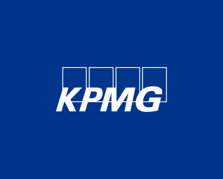 KPMG logo with the company name in white letters on a blue background.