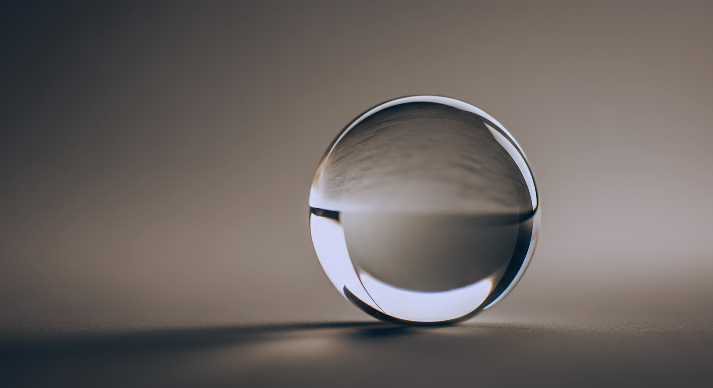 Close-up of a transparent glass marble on a flat surface, with a blurred background.