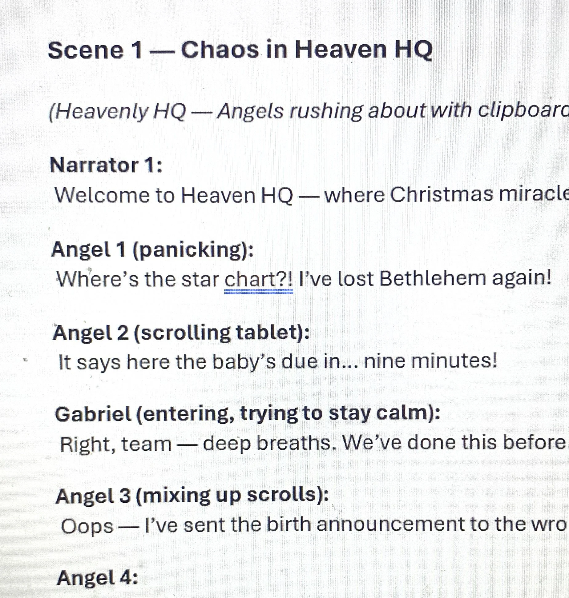 A script for a Christmas-themed scene titled "Chaos in Heaven HQ," with dialogue among angels including a narrator, angels panicking and scrolling tablets, Gabriel trying to stay calm, and an angel mixing up scrolls.