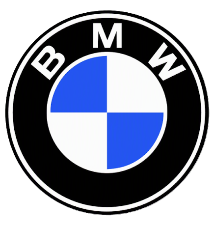 BMW logo with black background and white border, featuring blue and white quadrants inside a circle.
