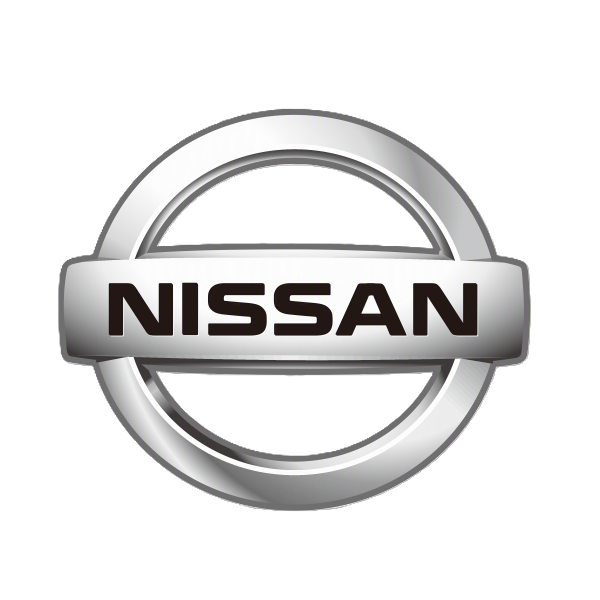 Nissan logo with a silver circular emblem and the word Nissan in bold black letters.