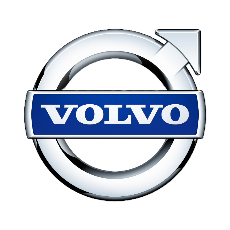 Volvo logo featuring a silver circle with a diagonal blue bar across the center and the word 'VOLVO' in white uppercase letters.