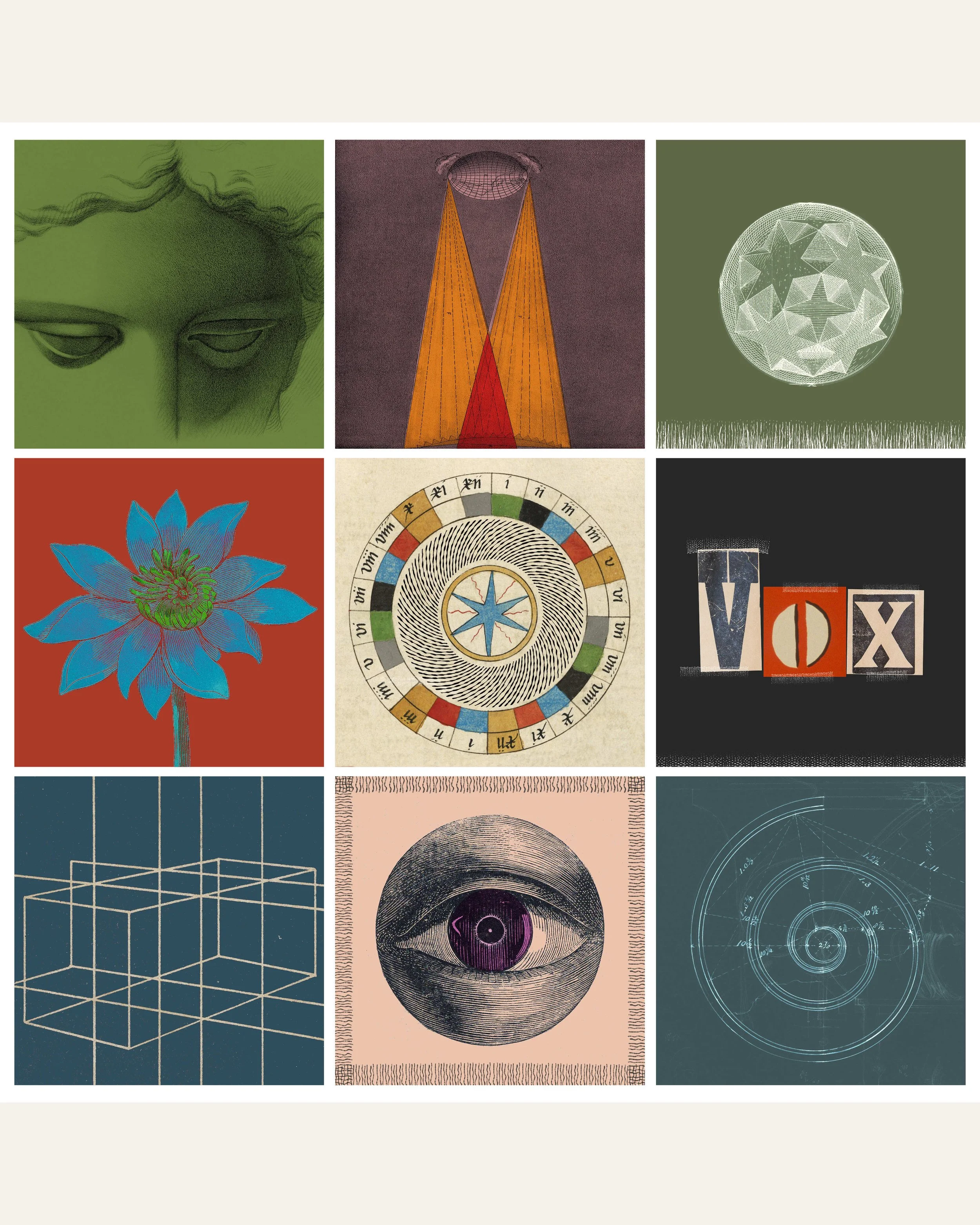 Alchemy fine-art print featuring a collage of geometric shapes, botanical illustrations, abstract patterns and vintage scientific diagrams