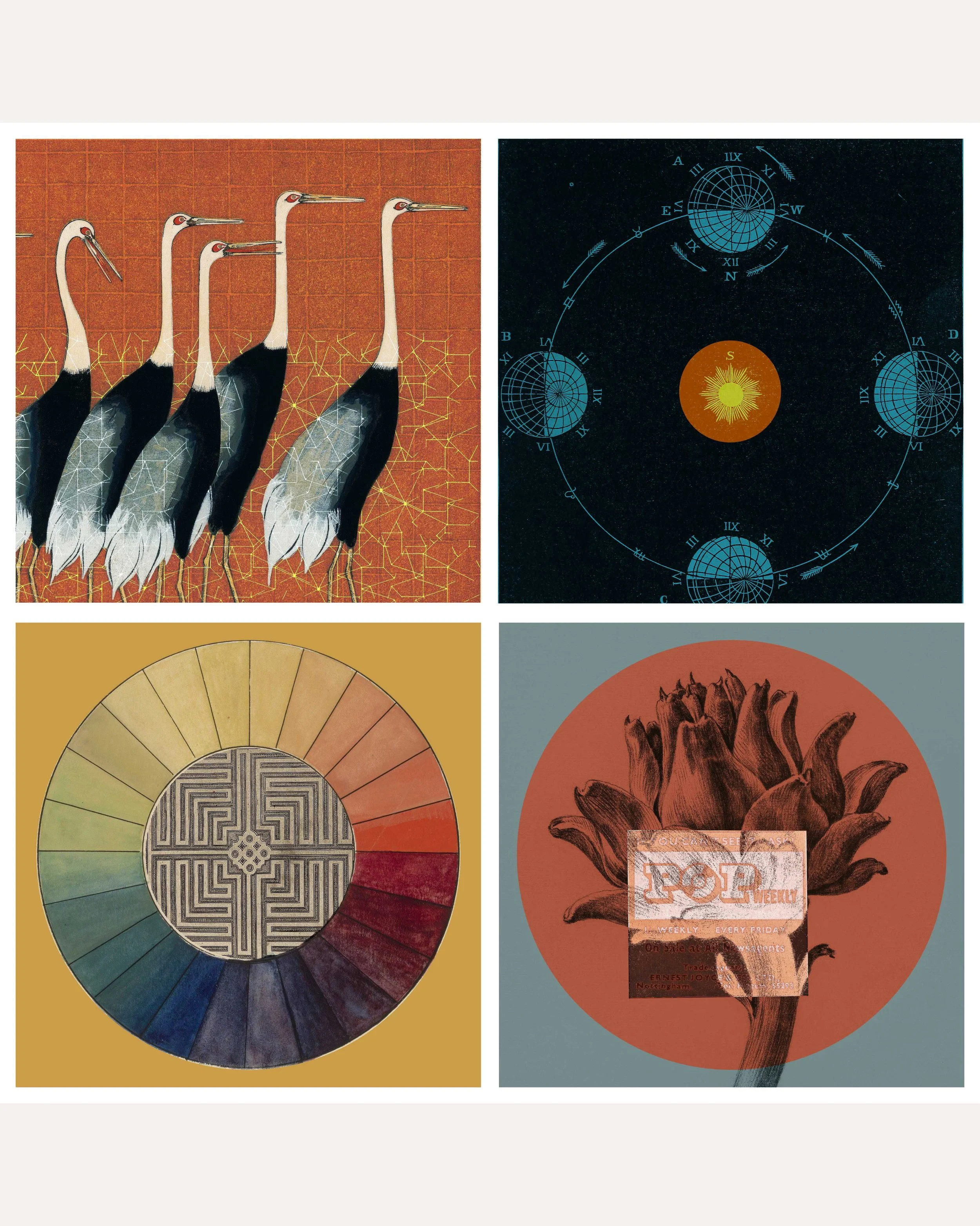 Memory Atlas fine-art print featuring a surreal collage of birds, celestial diagrams, colour wheels and botanical elements arranged in a four-panel composition