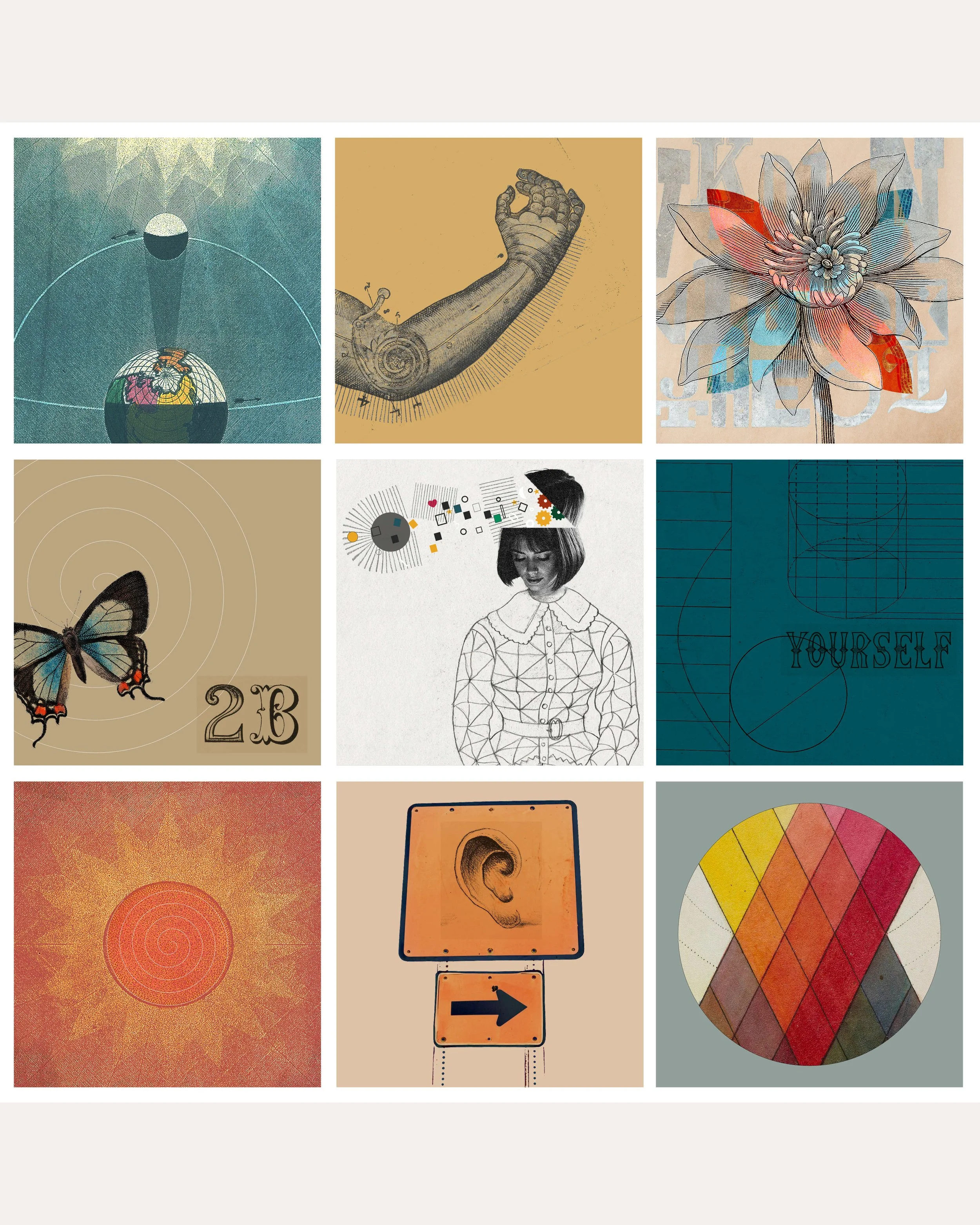 Fragments - a nine-panel digital collage combining vintage illustration, geometry, portraiture, colour studies and abstract symbols in a bold modern art style.