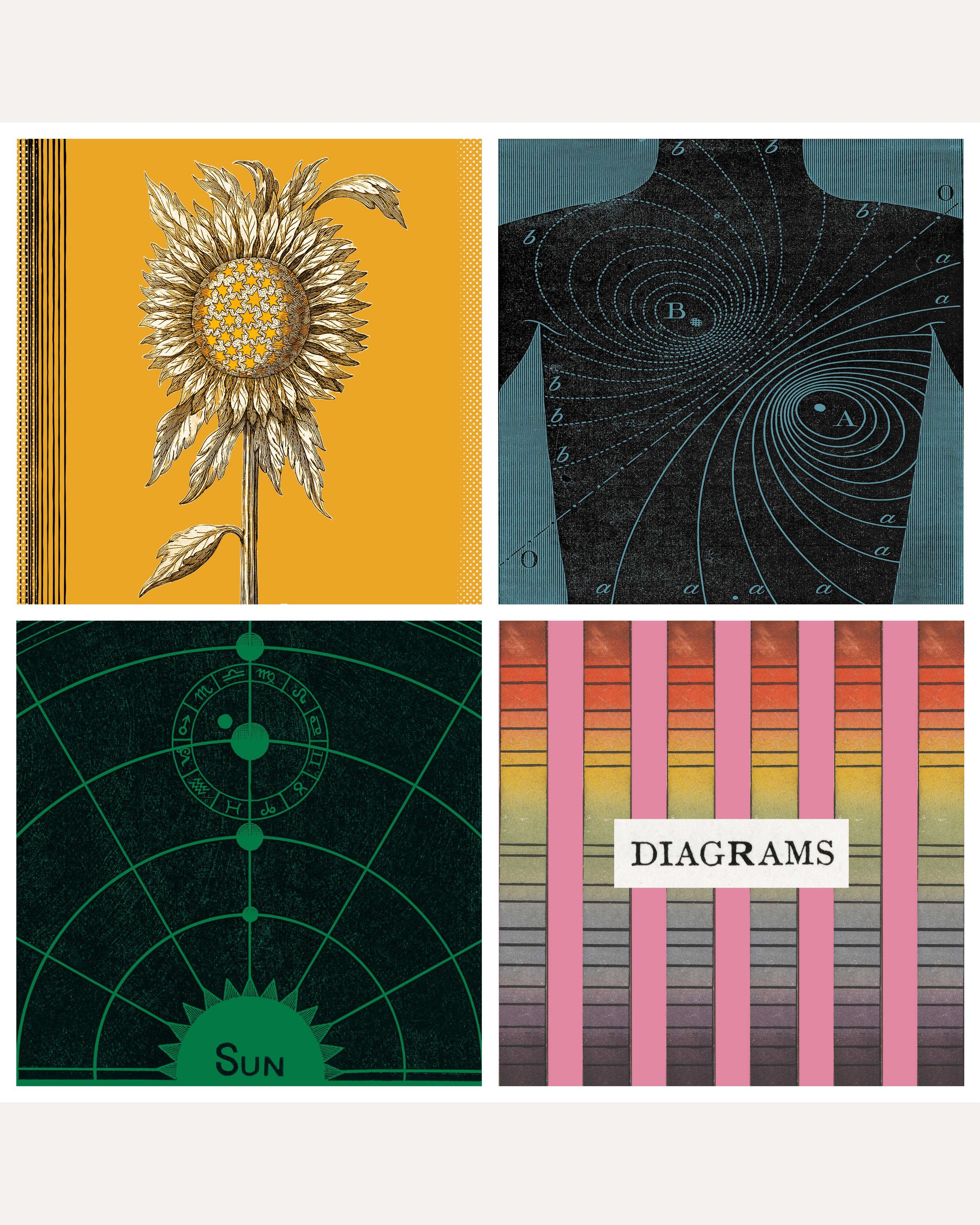 Diagrams Two - a four-panel digital collage combining abstract geometry, botanical illustration, retro textures and warm mid-century colours, arranged in a modern graphic grid.