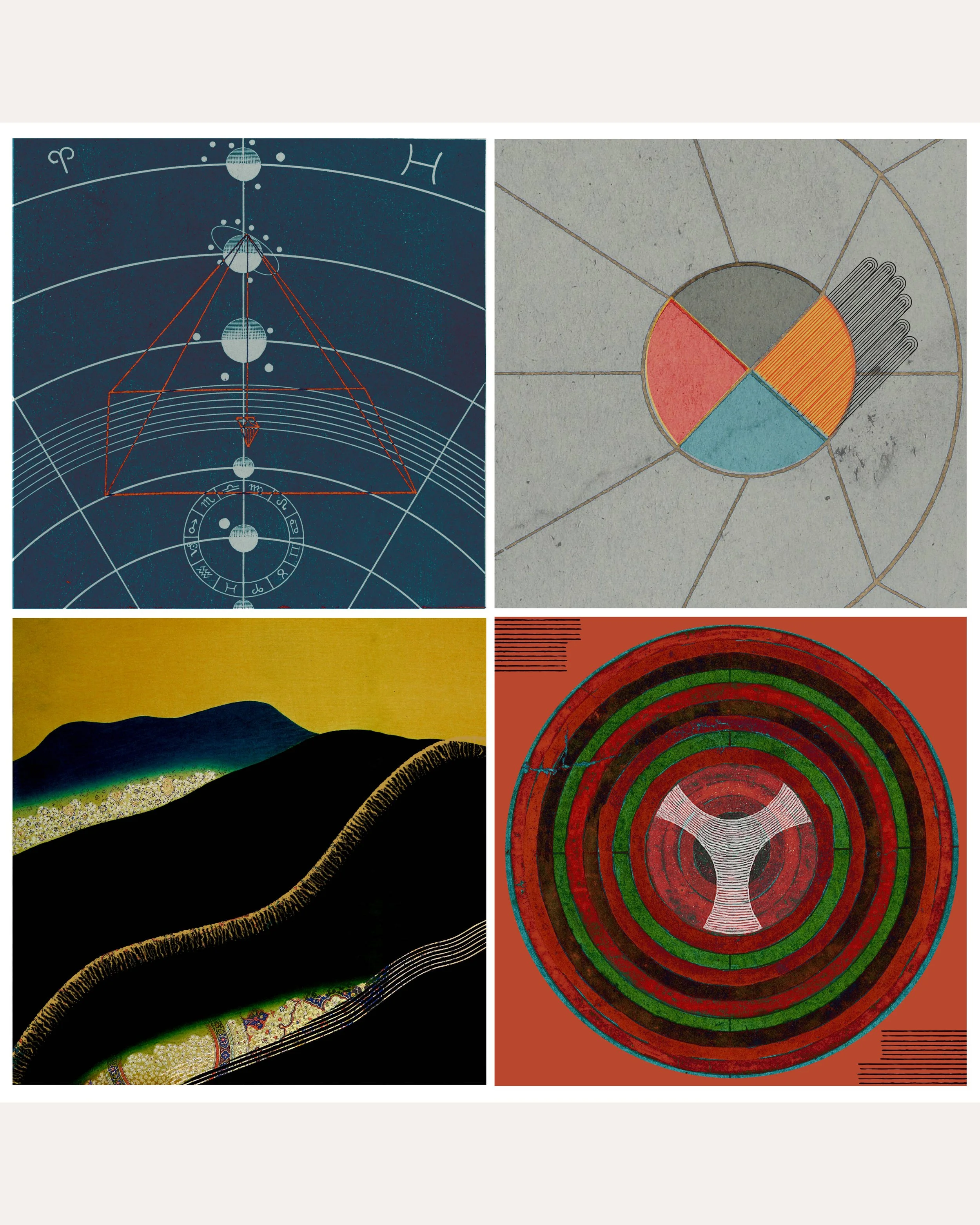 Ceremony fine-art print featuring abstract linework, astronomical diagrams, geometric circles and bold retro colours arranged in a four-panel collage