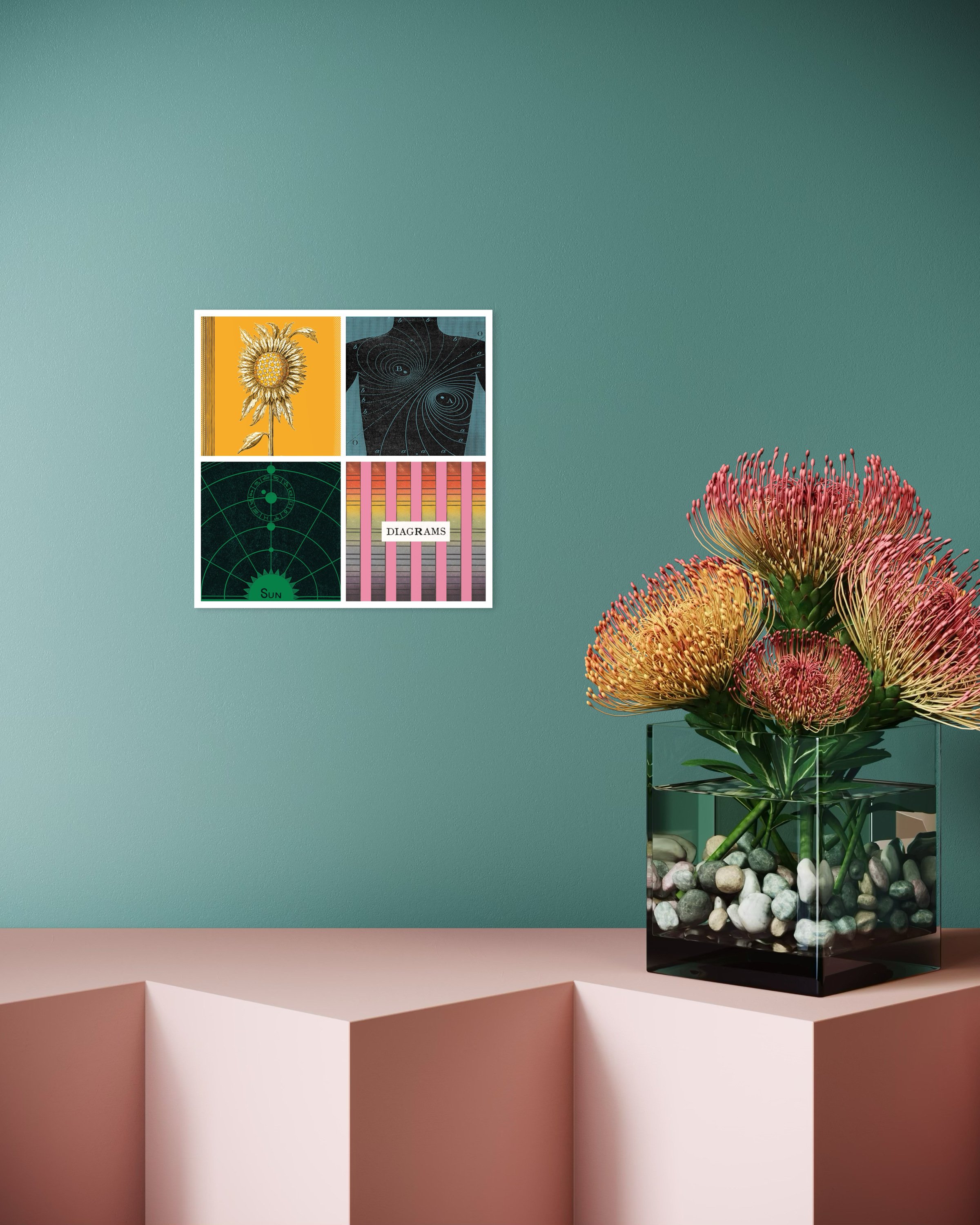 Diagrams (Two) fine-art print displayed on a teal wall above a surface with a glass vase of orange and pink flowers