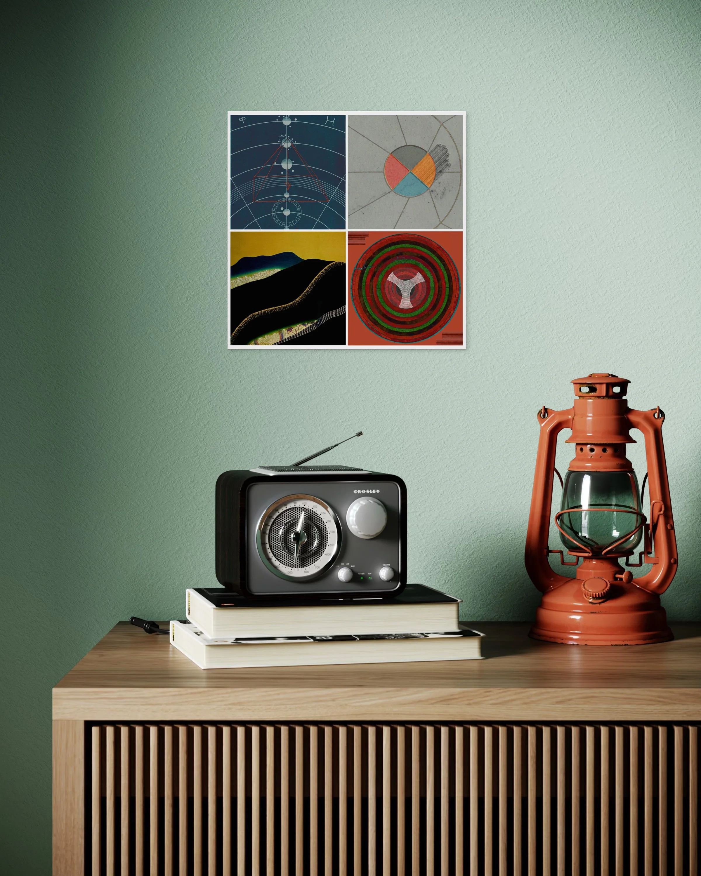 Ceremony fine-art print displayed on a mint-green wall above a wooden surface with a vintage radio, stacked books and an orange lantern