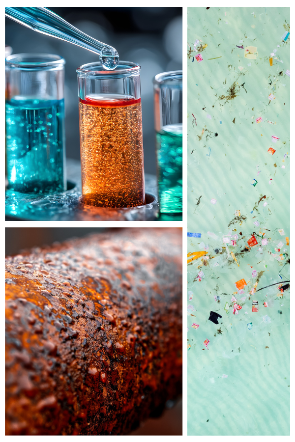 Laboratory test tubes filled with colorful liquids, a close-up of a rusted metal pipe, and scattered confetti on a light background.