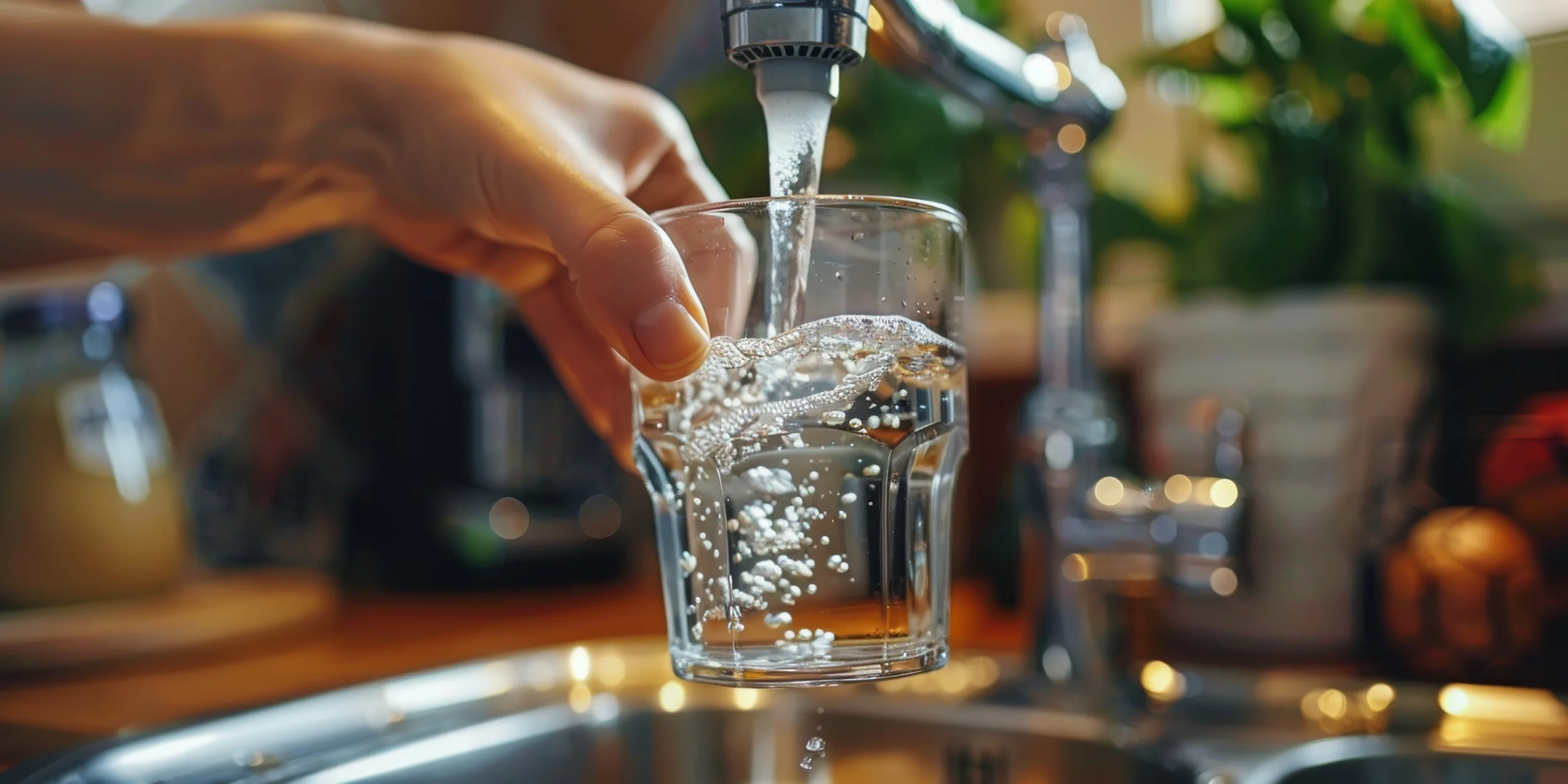 Hand holding a glass of water under a faucet with water running, with a blurred kitchen background.