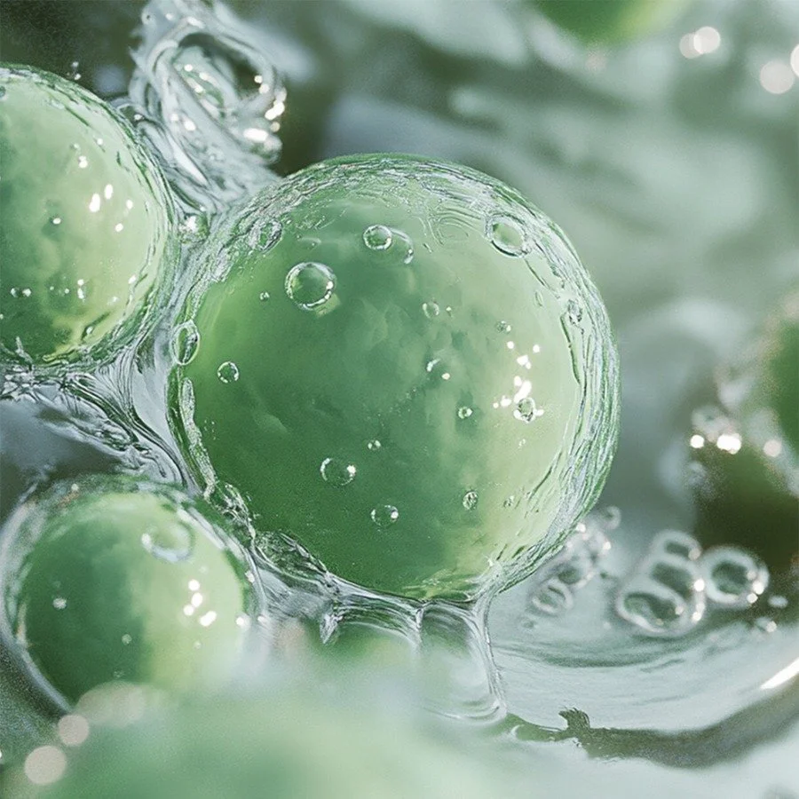 Close-up of several green grapes submerged in water with bubbles.