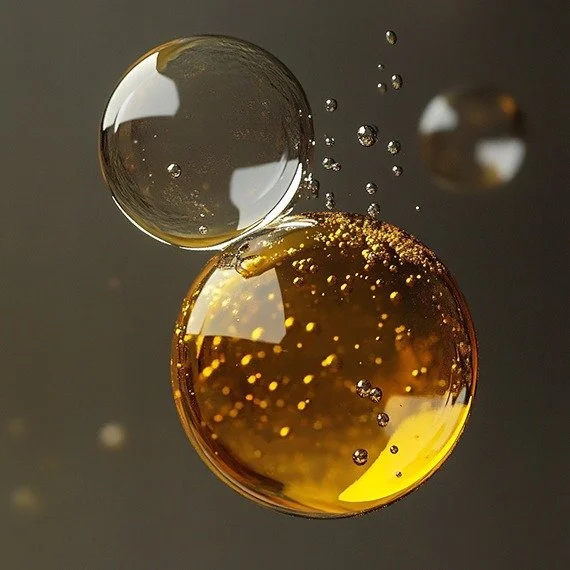Close-up of bubbles in a glass of beer with foam, highlighting the bubbles and reflections.