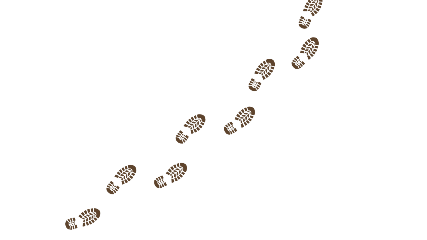 Footprints of a person walking in a diagonal line across a plain background.
