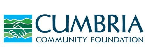 Logo of Cumbria Community Foundation featuring stylized green hills, water, and a handshake