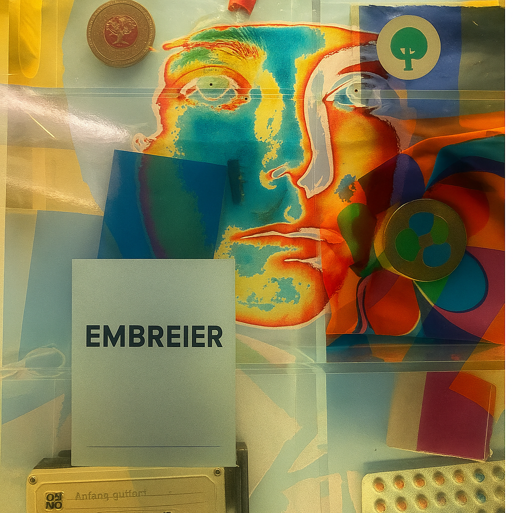 Colorful artwork of a face with a serious expression, including a rainbow of colors and abstract elements. The image has a card labeled 'EMBREIER' and various coins and symbols around it.