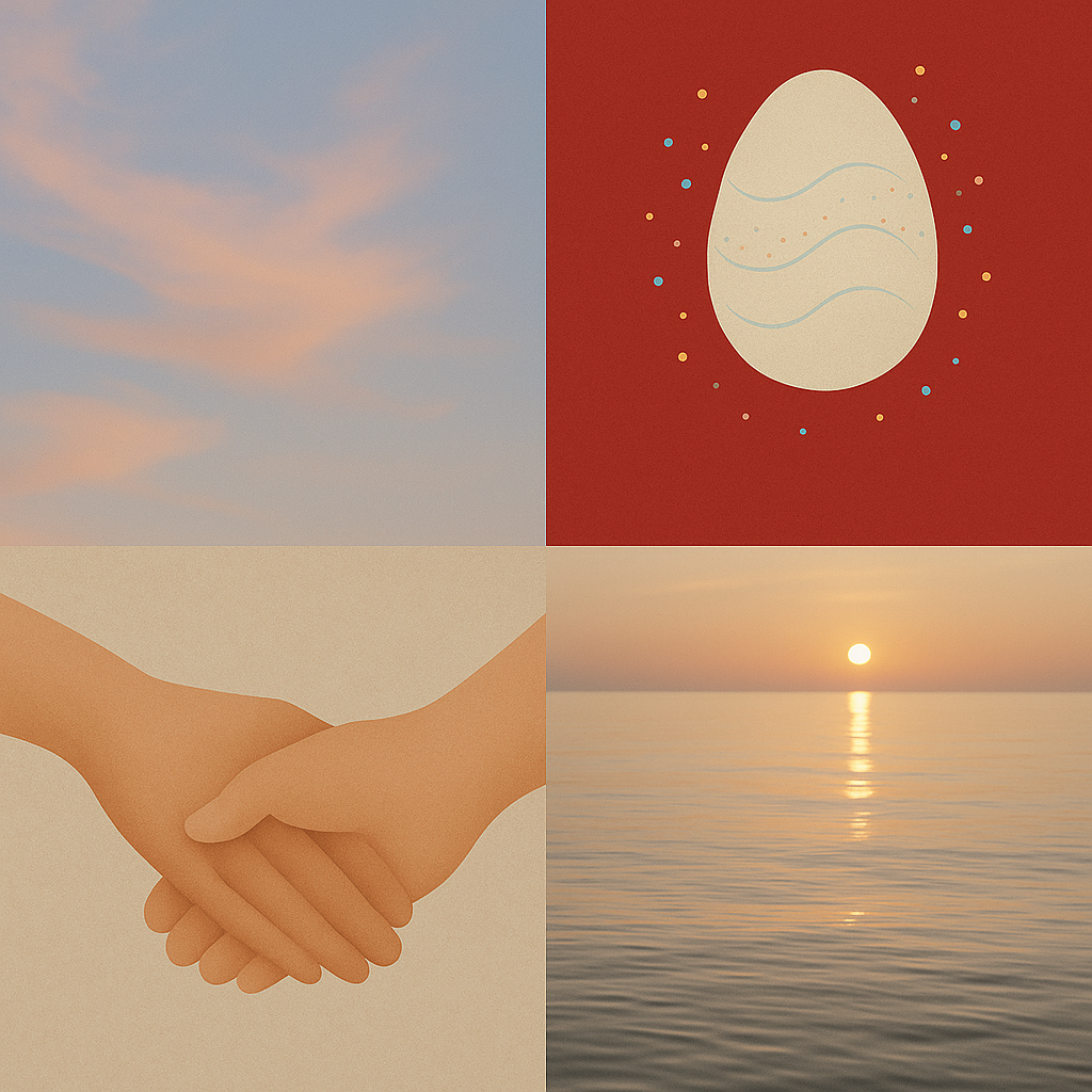 A collage of four images: top left shows a blue sky with soft pink clouds, top right displays a simple illustration of an egg with decorative circles and wavy lines on a red background, bottom left features two hands clasped together, and bottom right captures a sunset over the ocean with the sun reflected on the water.