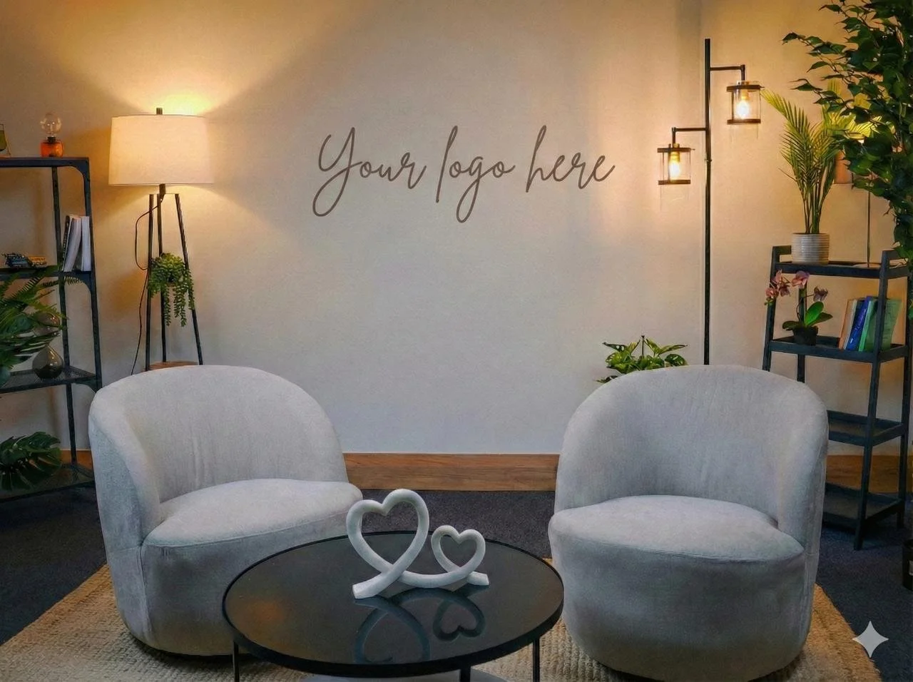 Modern podcast studio setup with two upholstered chairs, warm studio lighting, plants, shelves, and a customizable logo backdrop.