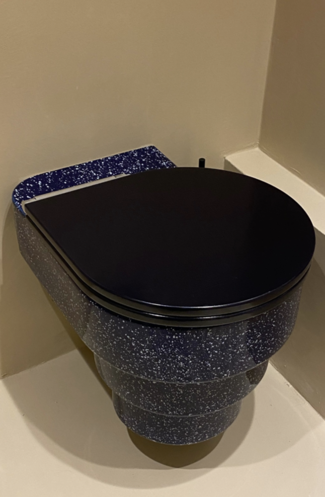 W.C. design avec un couvercle noir et une base noire à motifs en points blancs