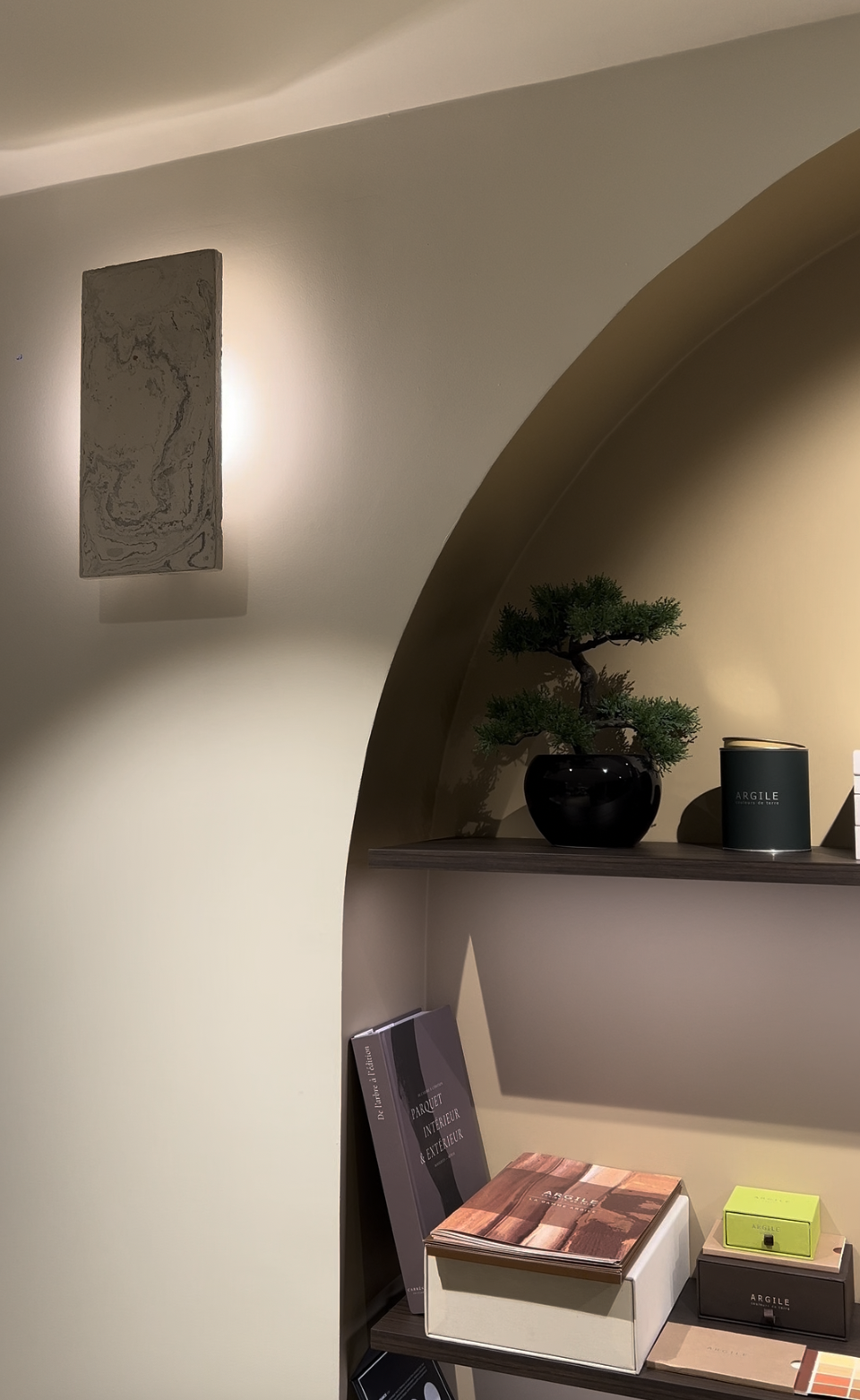 Décoration intérieure avec une étagère en bois, un bonsaï dans un vase noir, un livre, une boîte verte et une boîte noire sur la tablette.