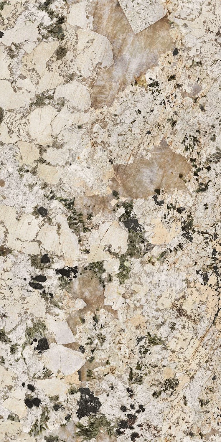 Surface en pierre avec un motif complexe de textures et de couleurs naturelles, principalement des tons beige, crème, et noirs avec quelques zones vertes