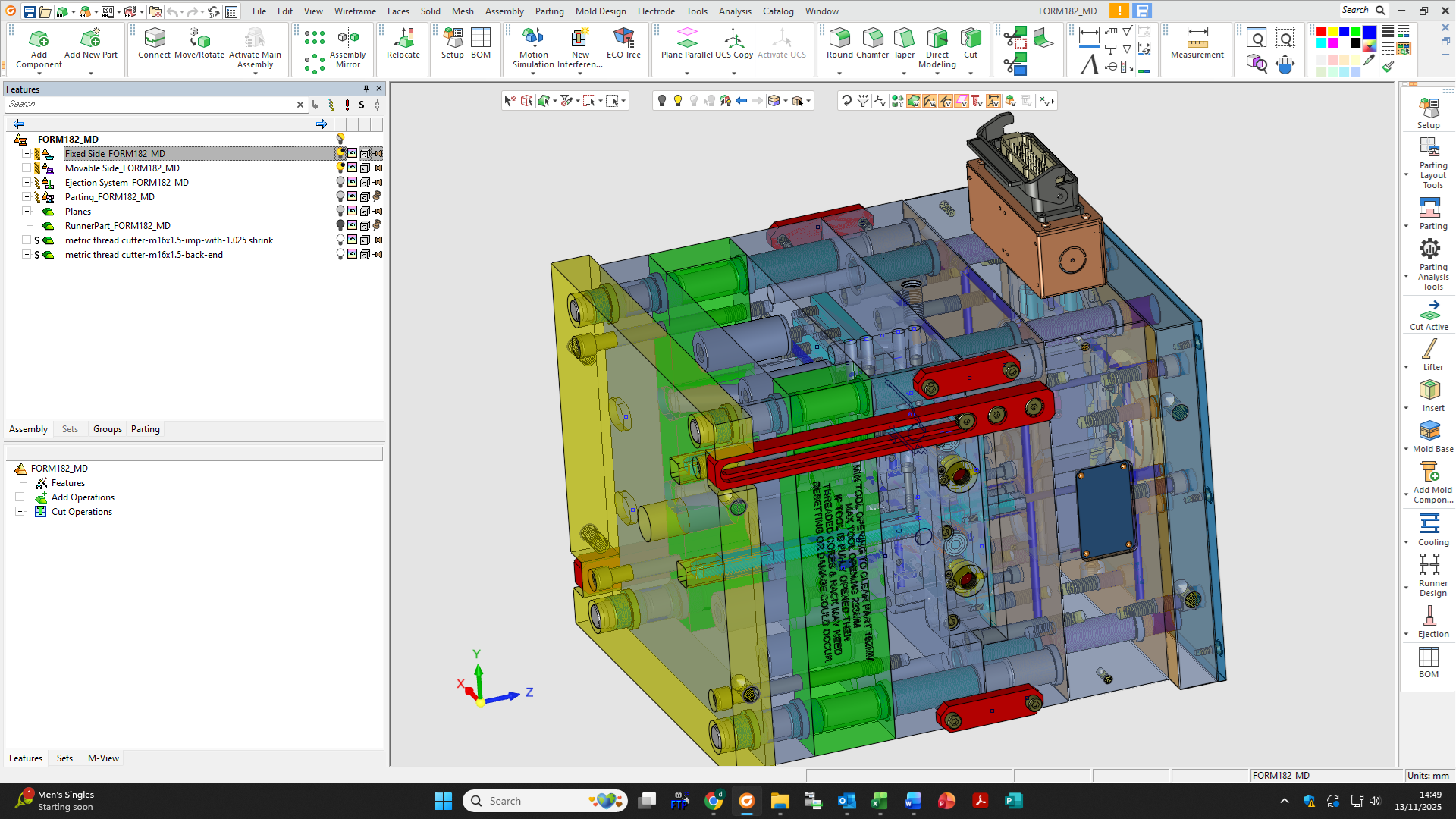 A CAD software interface displaying a 3D model of a mechanical assembly with various colored components, including brackets, shafts, and fasteners.