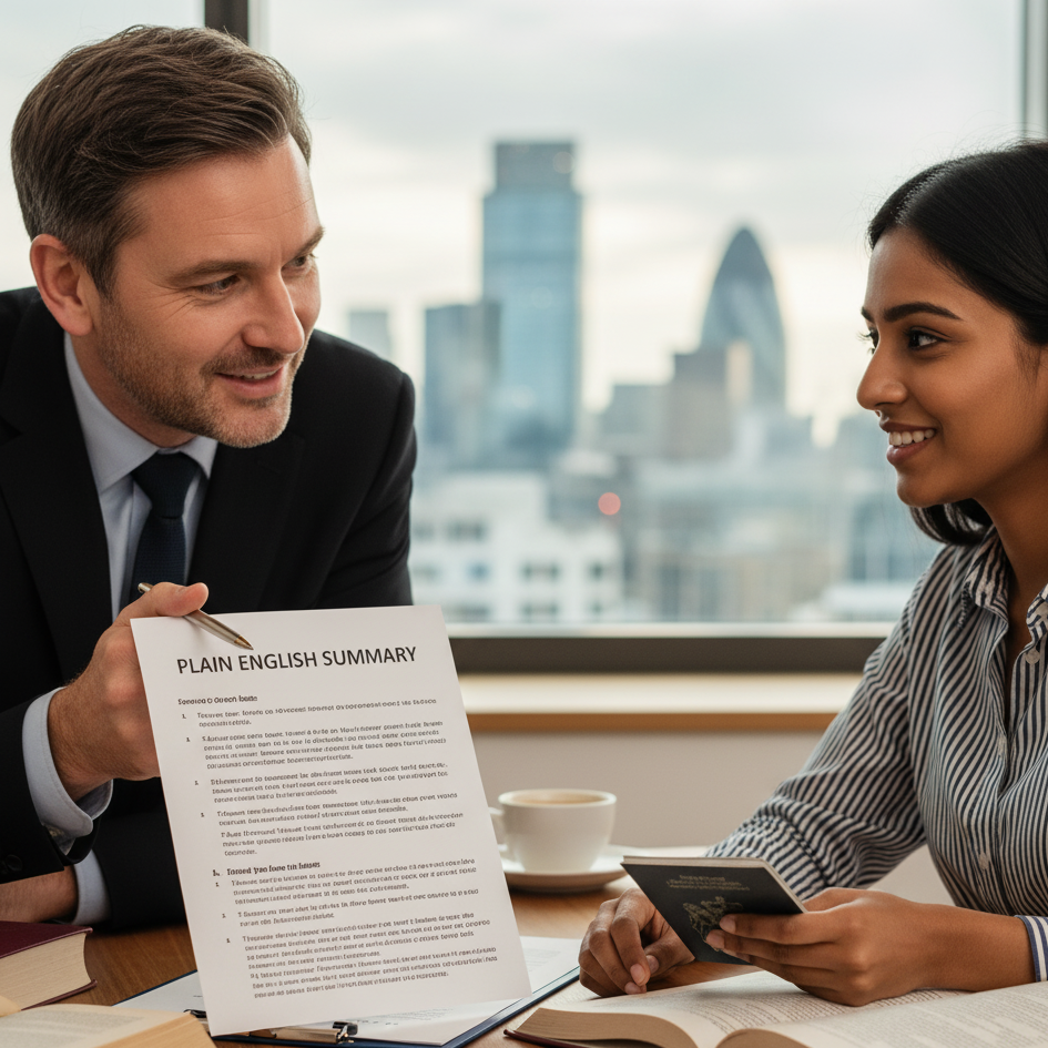 A man in a suit showing a document titled 'Plain English Summary' to a woman holding a passport, seated at a desk with books and a cup, with a city skyline visible through a window.