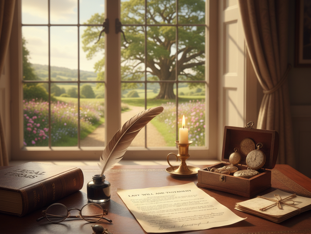 A cozy writing desk with a quill, a candle, a handwritten letter, old books, glasses, and a wooden box with pocket watches, set in front of a window showing a garden with flowers, a large tree, and a path.