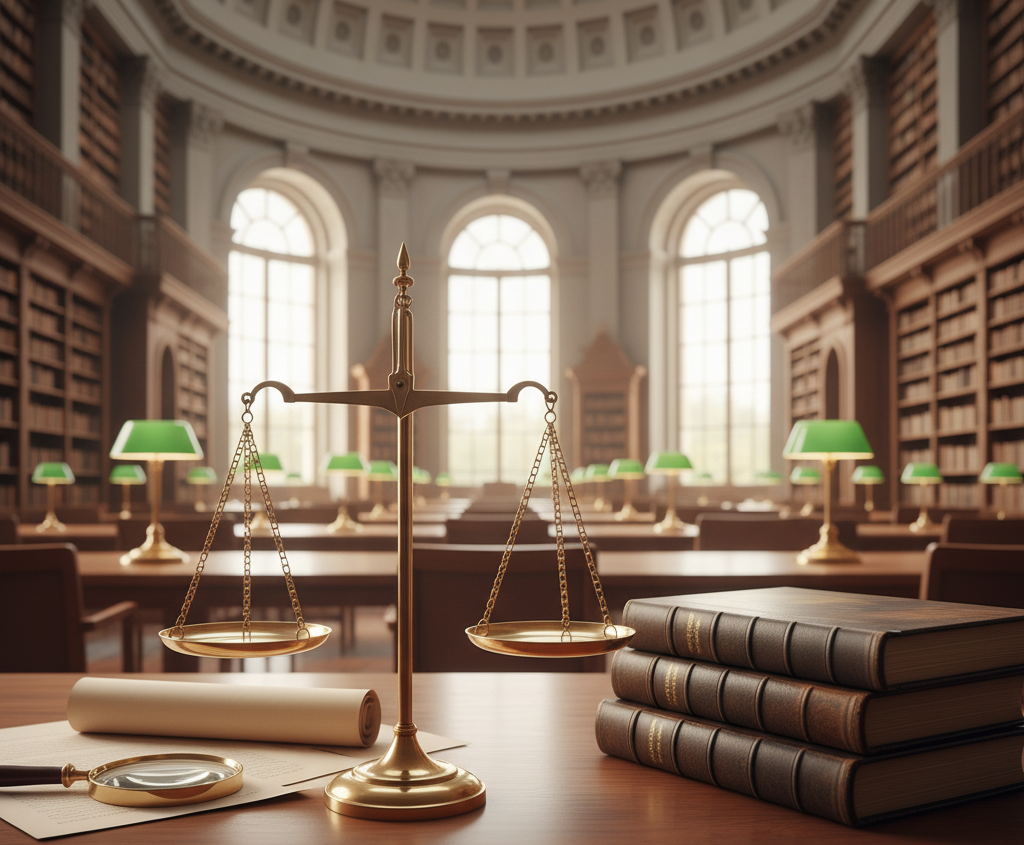 Library with large windows, wooden bookshelves, and legal scales on a desk in the foreground.