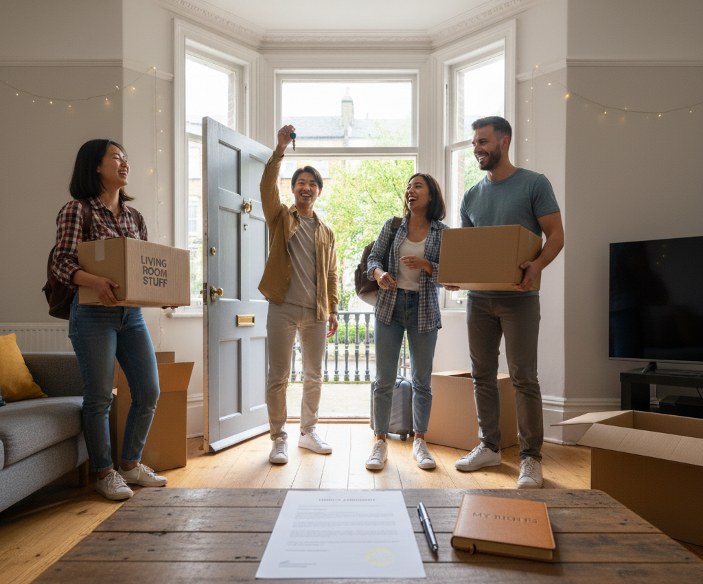 Four young adults moving into a new home, holding boxes and smiling inside a bright, decorated living room.