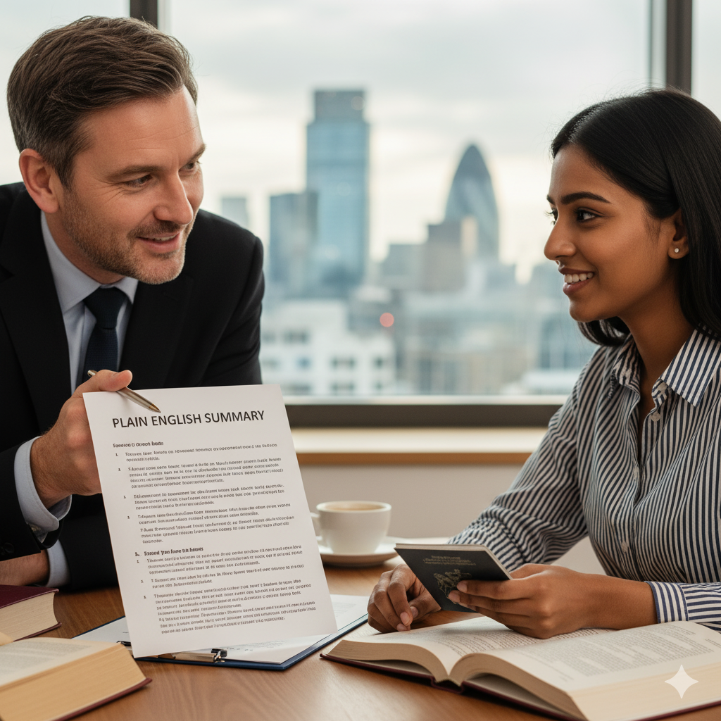 A man in a suit showing a document titled 'Plain English Summary' to a woman holding a passport, seated at a desk with books and a cup, with a city skyline visible through a window.