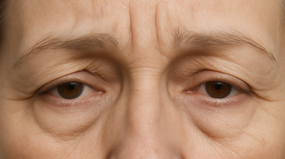 Ojos con signos de envejecimiento y patas de gallo.