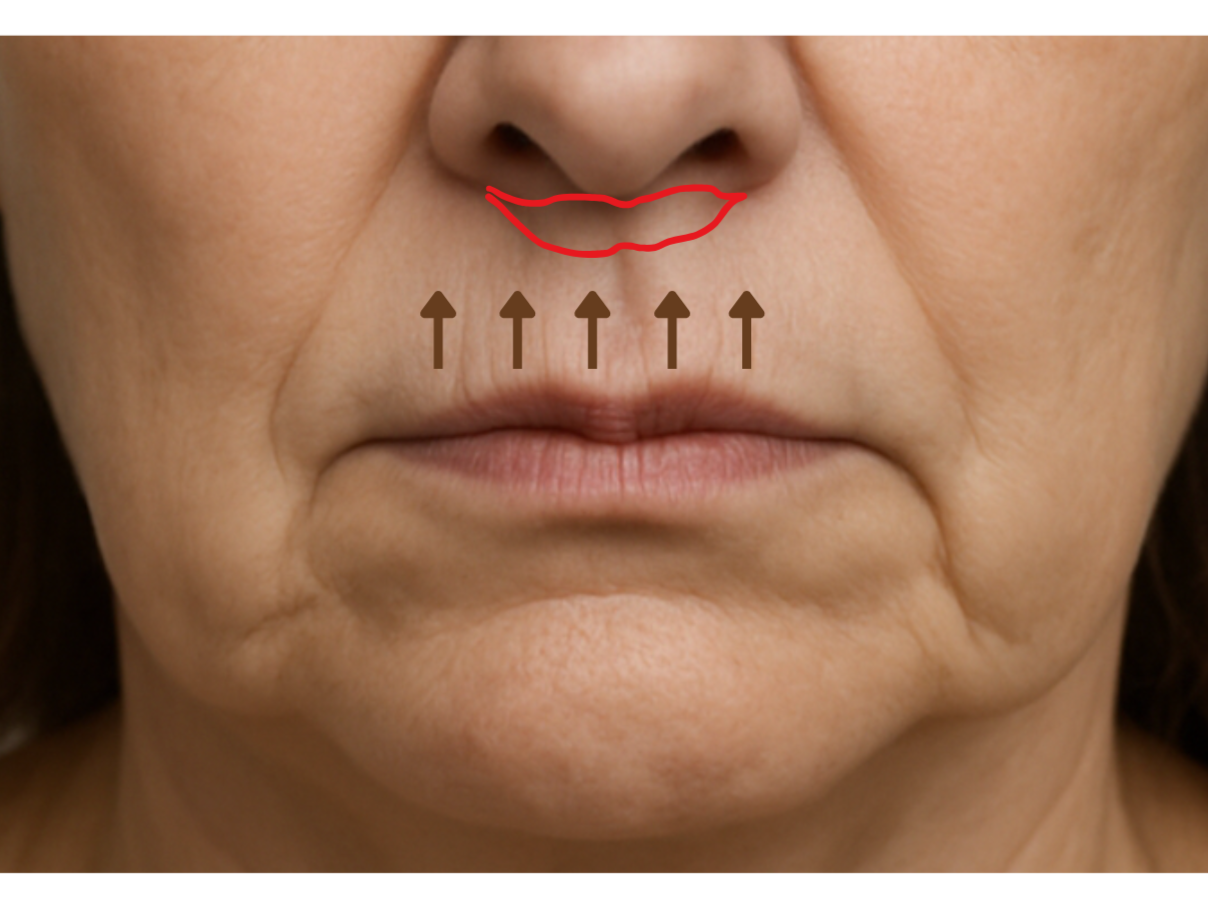 Primer plano del rostro de una mujer con indicaciones: una línea roja en los labios y flechas apuntando hacia abajo en el área del labio superior.