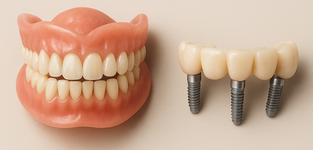 Prótesis dentales completas y una dentadura removible.