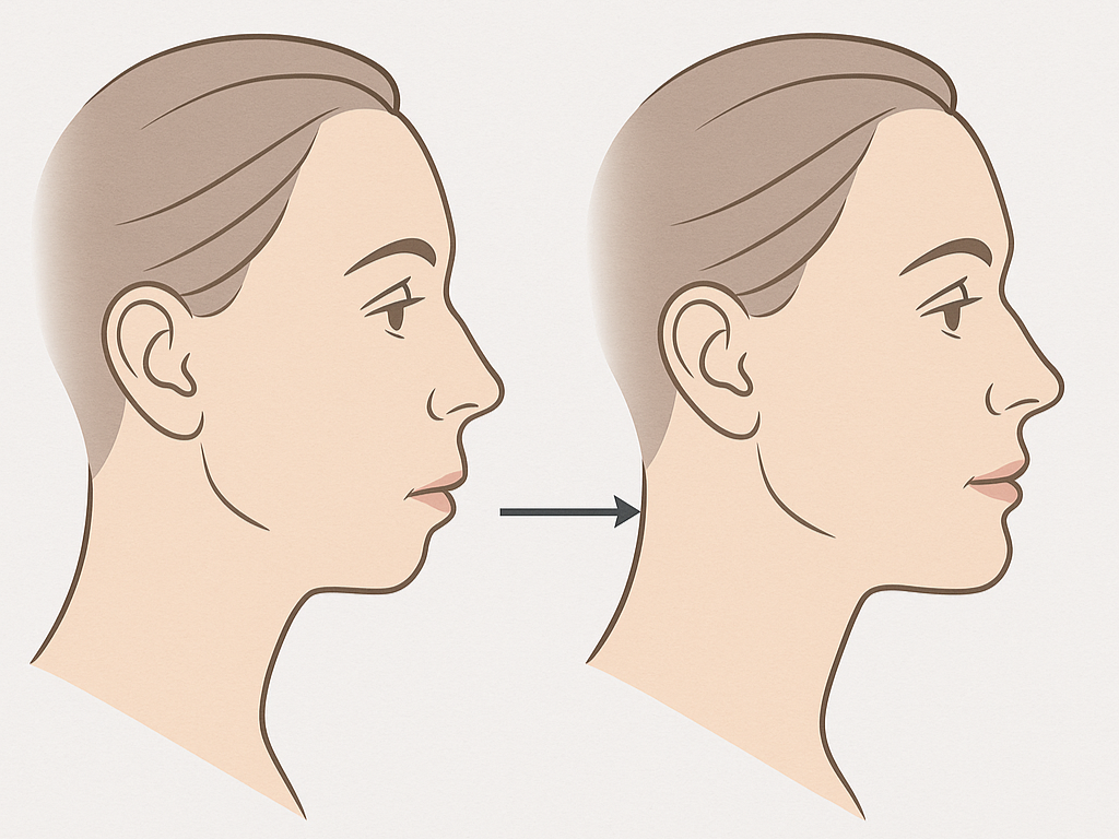 Ilustración que muestra una comparación antes y después de una cirugía de perfil facial, destacando mejoras en la forma de la mandíbula y el mentón.
