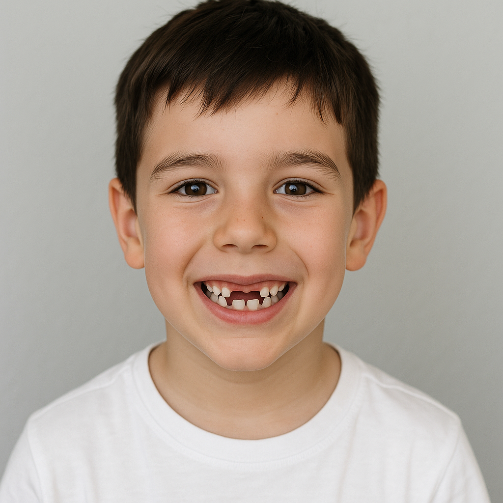 Niño sonriendo con dientes de leche y cabello castaño oscuro, usa camiseta blanca, fondo gris claro.