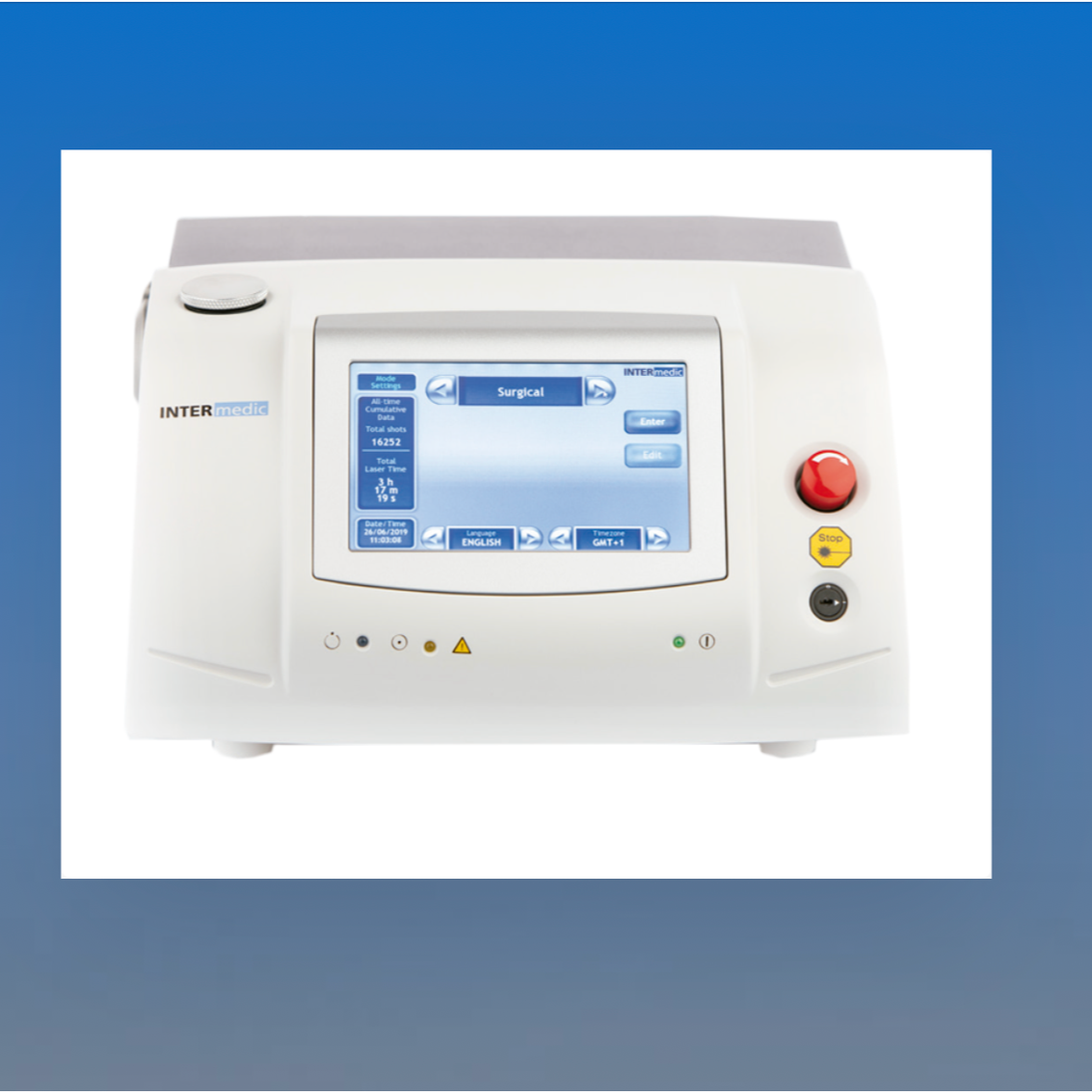 Aparato médico de color blanco con pantalla digital que muestra opciones para cirugía, con botones de control, un botón de parada de emergencia y luces indicadoras.