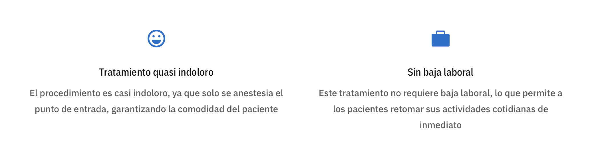 Se presentan dos secciones con iconos, una con una cara sonriente en azul que indica tratamiento casi indoloro, y otra con una maleta azul que indica sin baja laboral, describiendo las ventajas de cada opción de tratamiento dental.