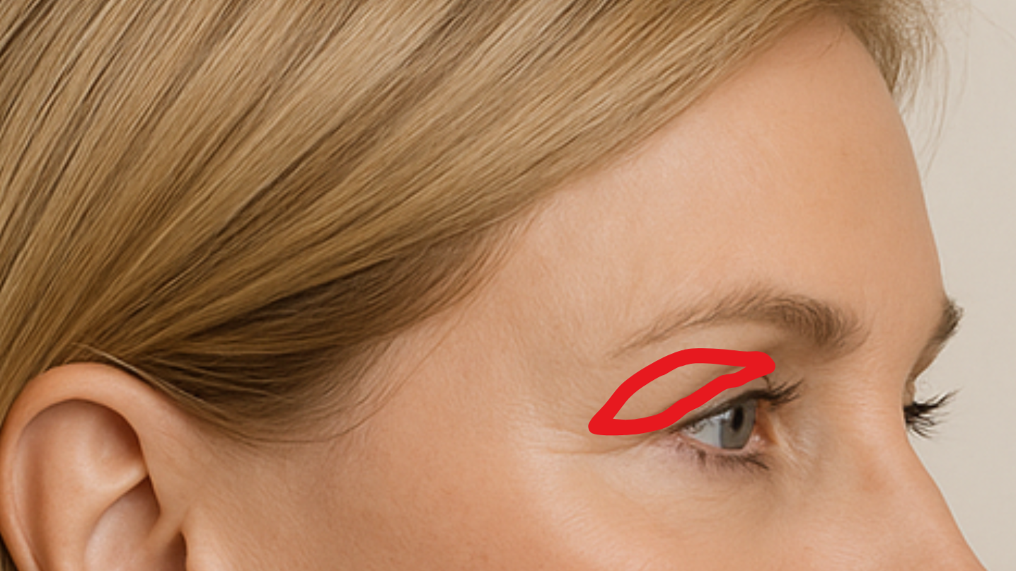 Retrato en perfil de una mujer con cabello rubio y ojos claros, marcando en rojo la línea del párpado superior.