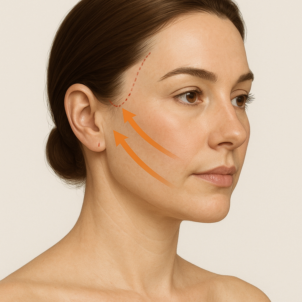 Mujer con directorías de línea de flecha naranja en mejilla y oreja, indicando un procedimiento estético de levantamiento facial.