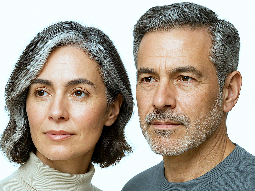 Retrato de una pareja madura de rostro sereno, con cabello canoso, mirando ligeramente en diferentes direcciones, con fondo blanco.
