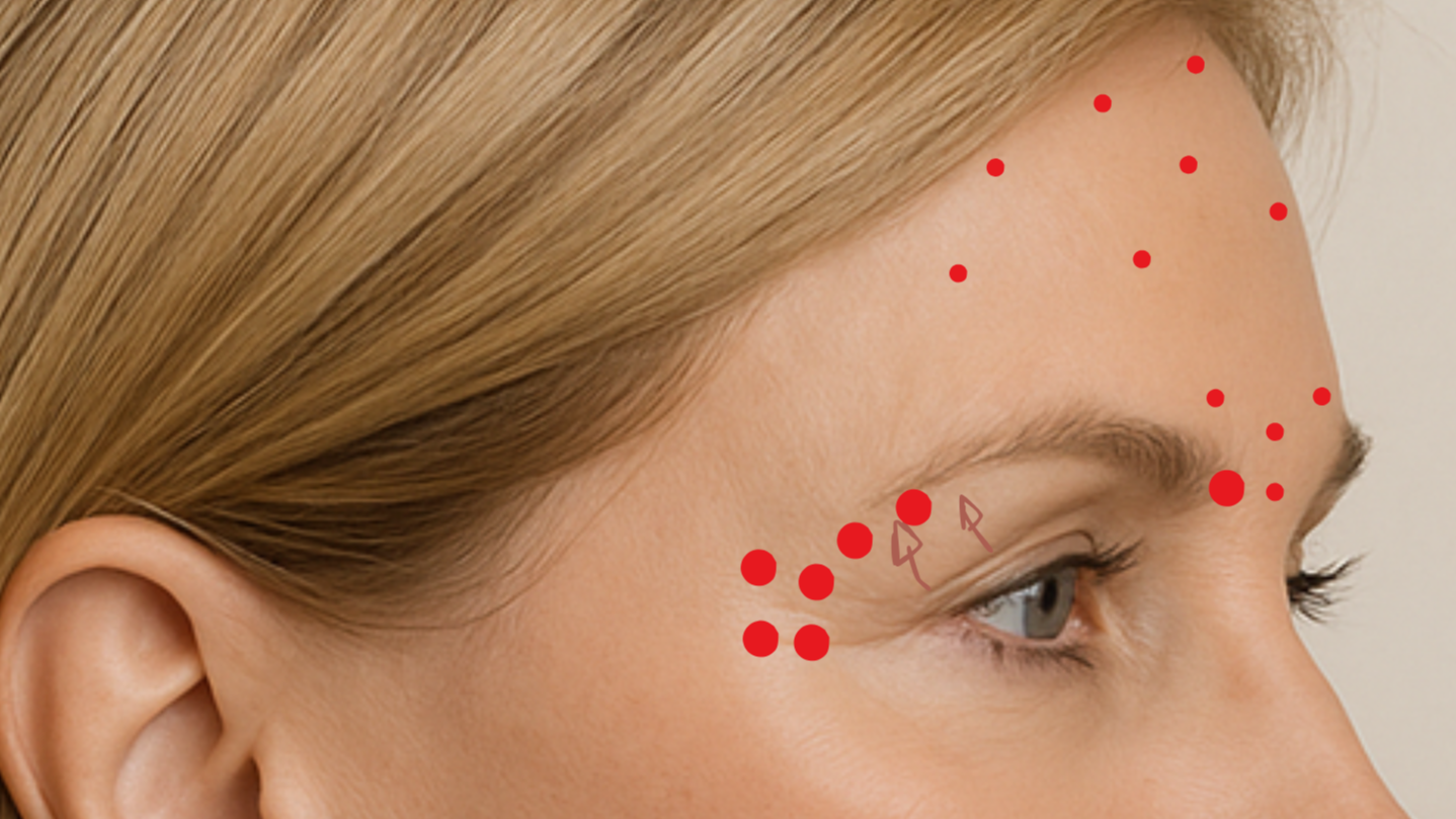 Imagen de rostro de mujer con puntos rojos en cara, con marcas y flechas señalando áreas específicas alrededor del ojo y la ceja.