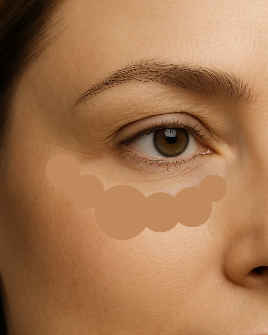 Primer plano del rostro de una mujer, mostrando el ojo y parte de la mejilla, con manchas oscuras en la mejilla.