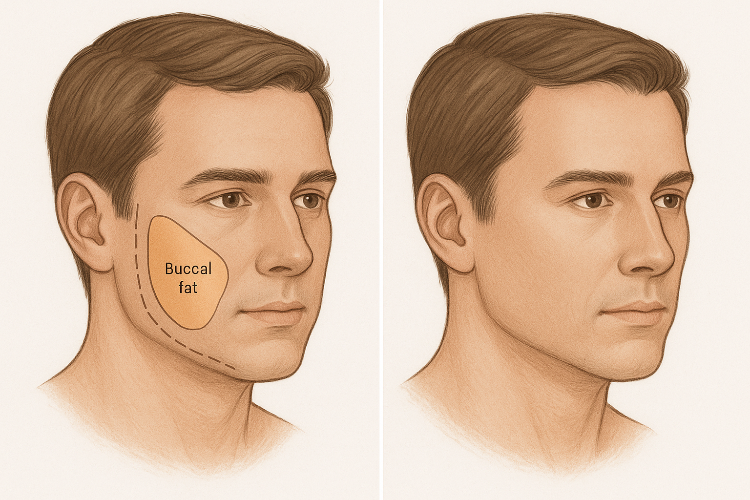 Ilustración de un procedimiento de eliminación de grasa bucal, mostrando un lado con grasa marcada y otro lado sin ella.