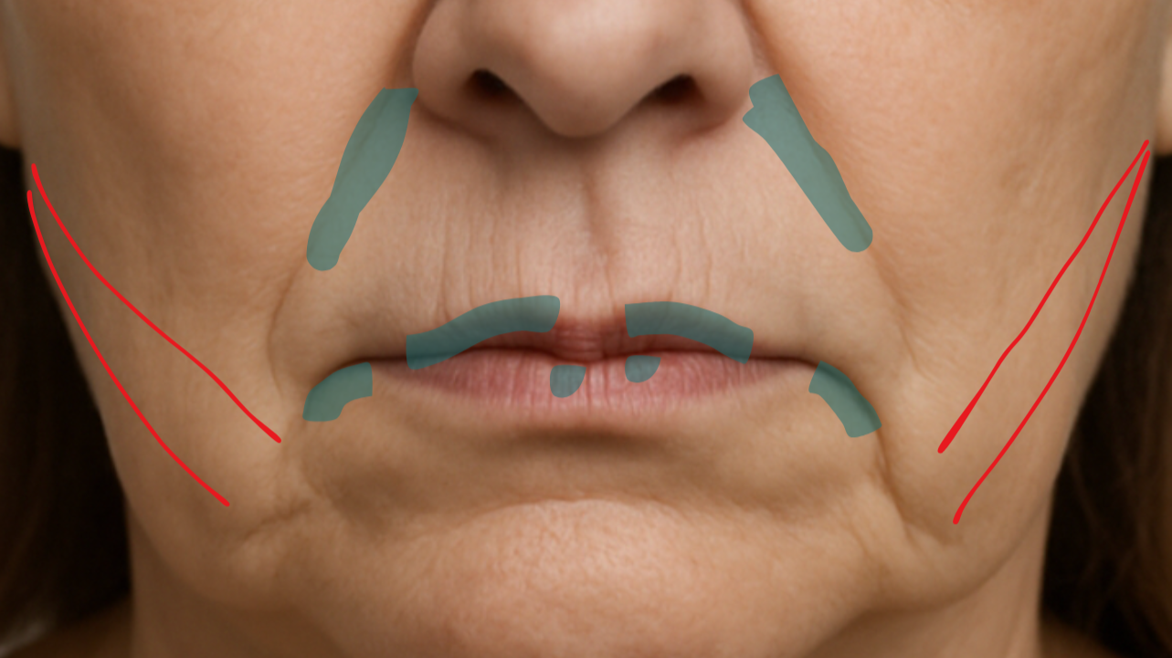 Imagen de un rostro de una mujer con marcas y líneas en la cara, señalando zonas específicas para tratamiento de estética facial, con áreas resaltadas en verde y líneas en rojo.