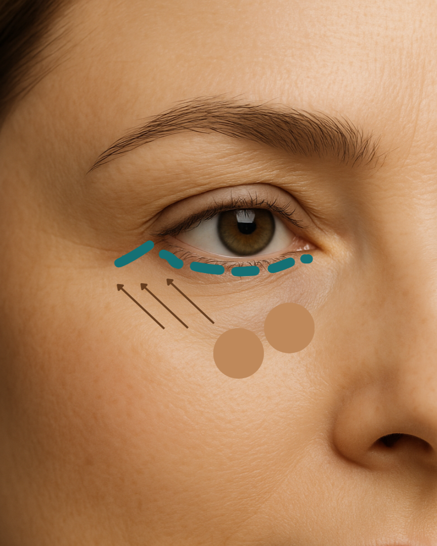 Primer plano de un ojo humano con marcas y flechas indicando áreas para tratamiento que incluyen el párpado inferior y la zona debajo del ojo.