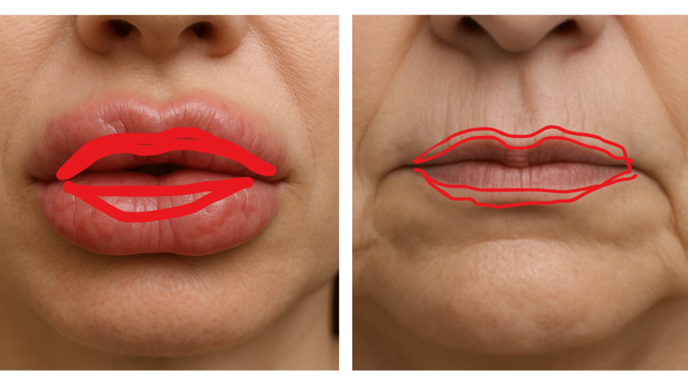 Comparación entre los labios de una mujer, con y sin delineado. La izquierda muestra labios gruesos con delineado rojo, y la derecha muestra labios finos sin delineado.