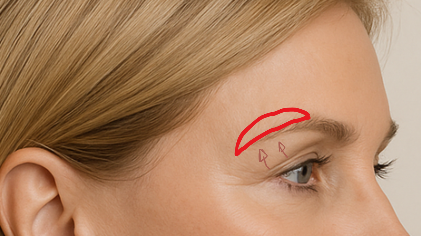 Imagen de una mujer con una línea roja y flechas apuntando a su ceja derecha, indicando una posible área de enfoque para un procedimiento o maquillaje.