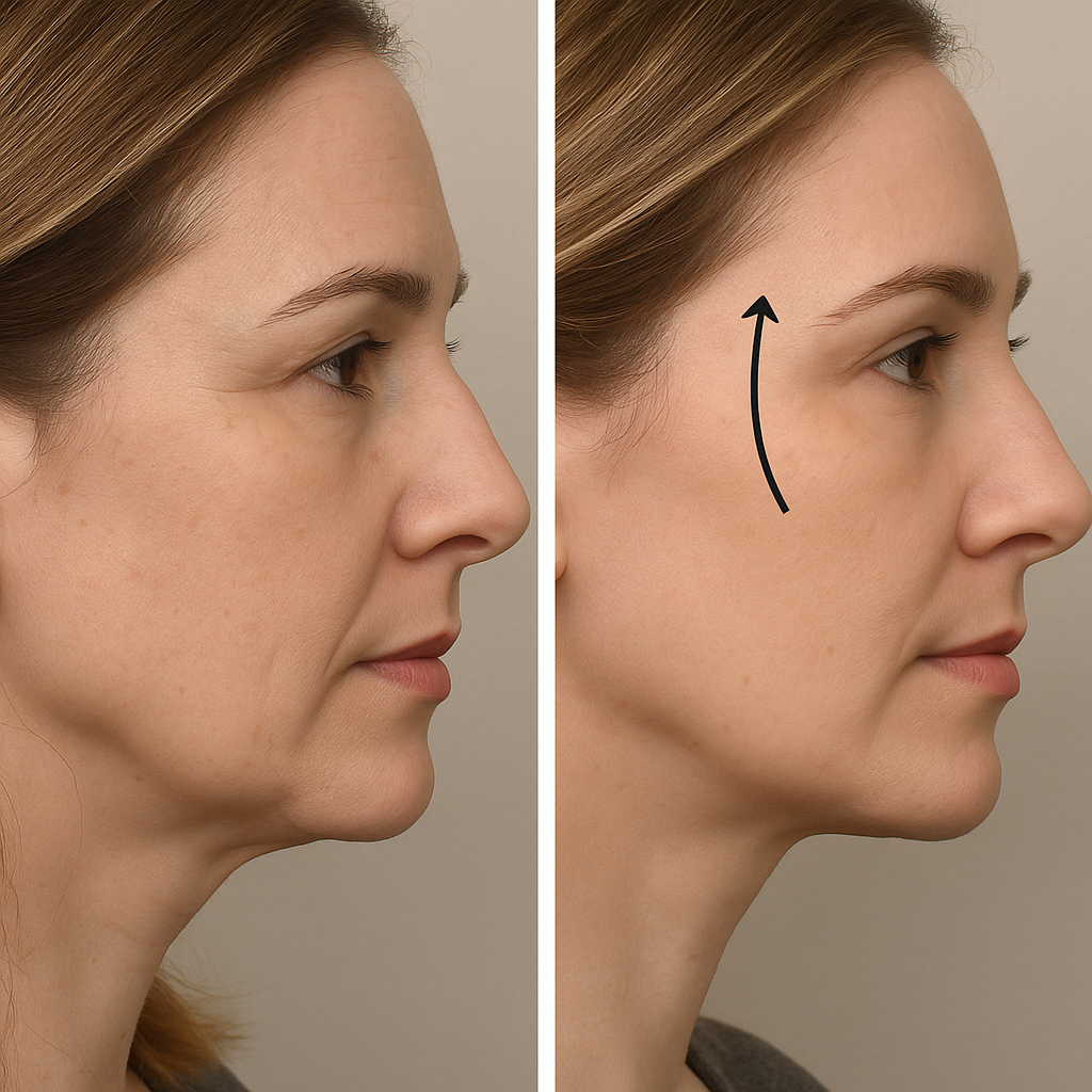 Comparación del perfil facial de una mujer antes y después de un procedimiento estético, mostrando mejora en la definición del perfil, con una flecha que indica la elevación de la frente.